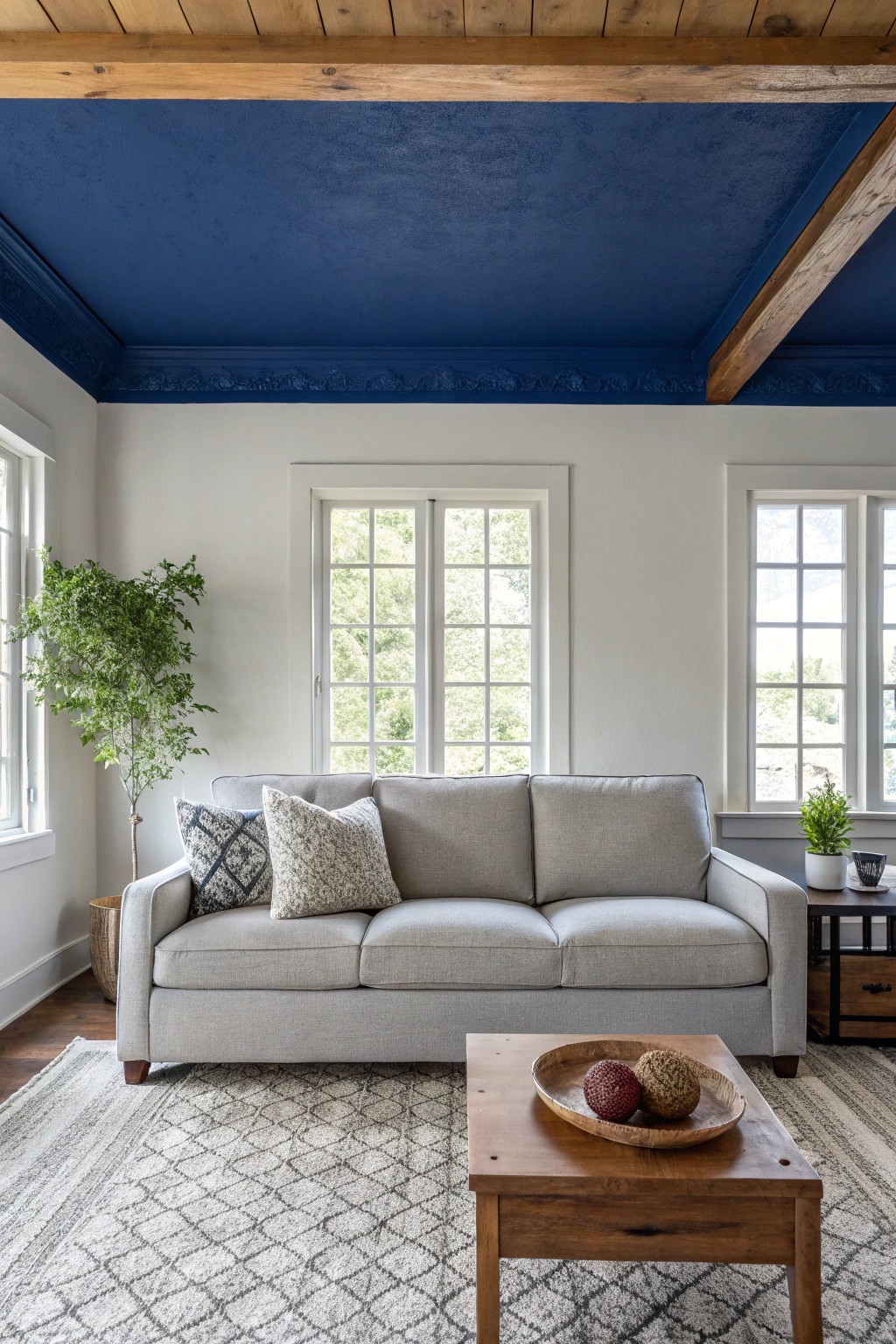 Let your grey couch shine under a bold, beautiful ceiling.