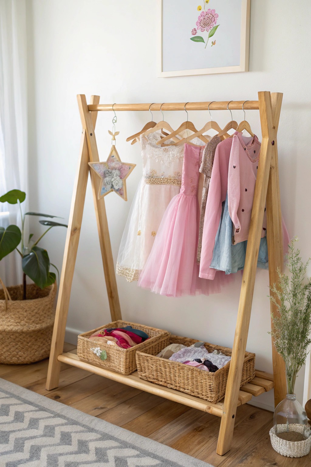 Charming wooden rack turns dress-up costumes into playful decor.