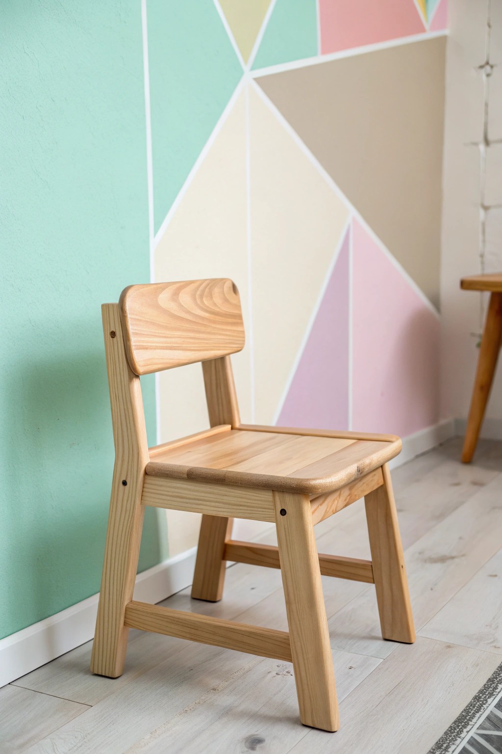 Chic simplicity: A handcrafted kids' chair pops against soft color-blocked walls.