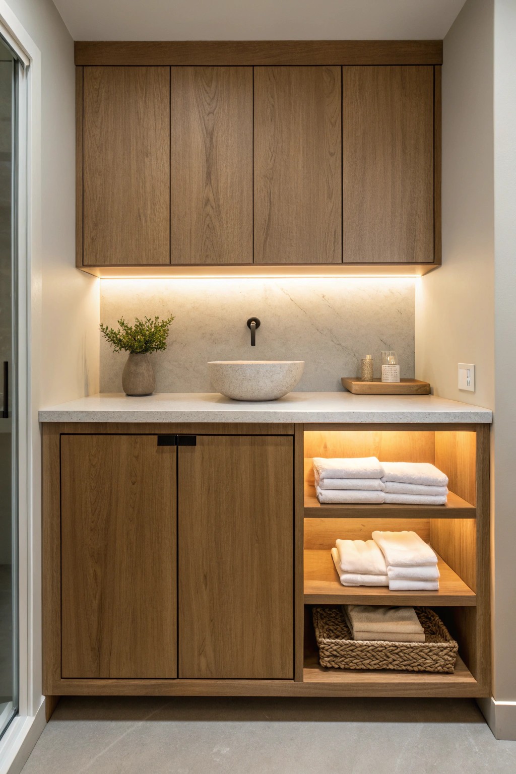 Cozy under-cabinet lighting brings warmth and function to your laundry space.