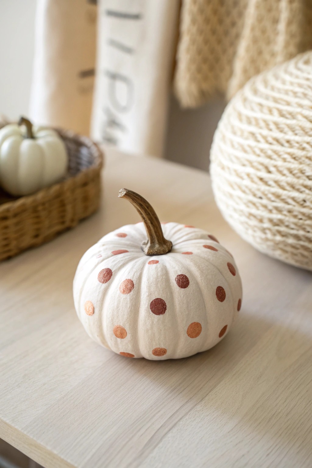 Chic polka dot mini pumpkin—Scandi minimalism meets playful boho charm.