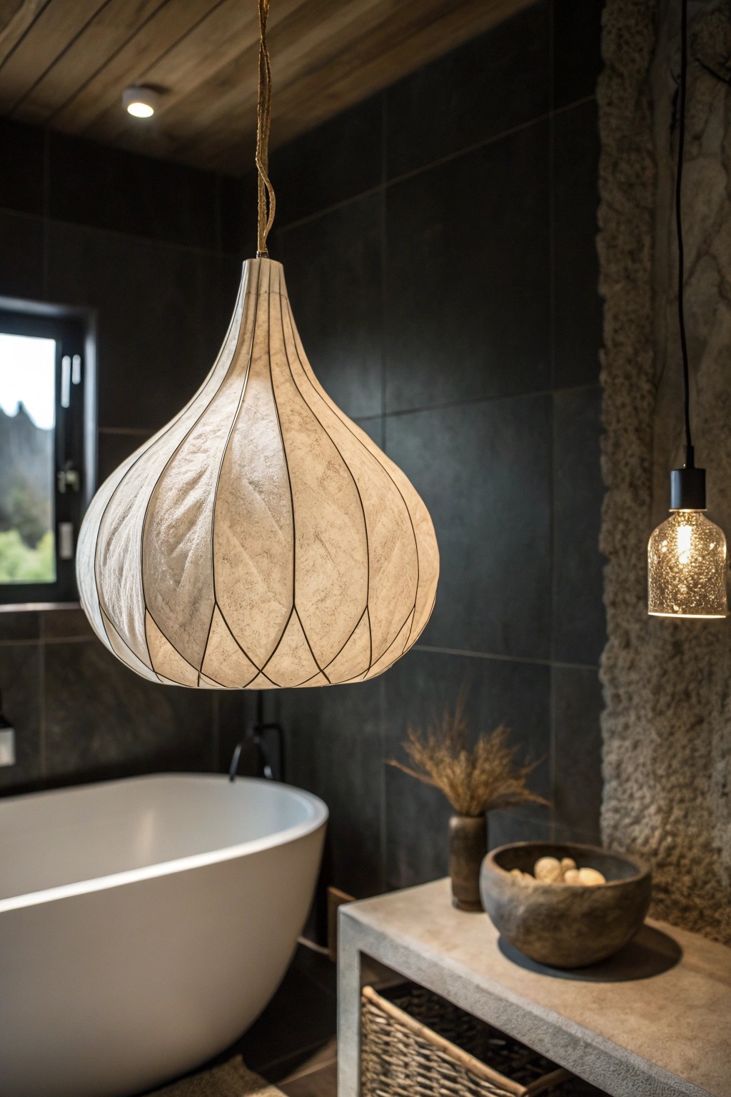 A sculptural pendant light transforms your bathroom into a moody sanctuary.