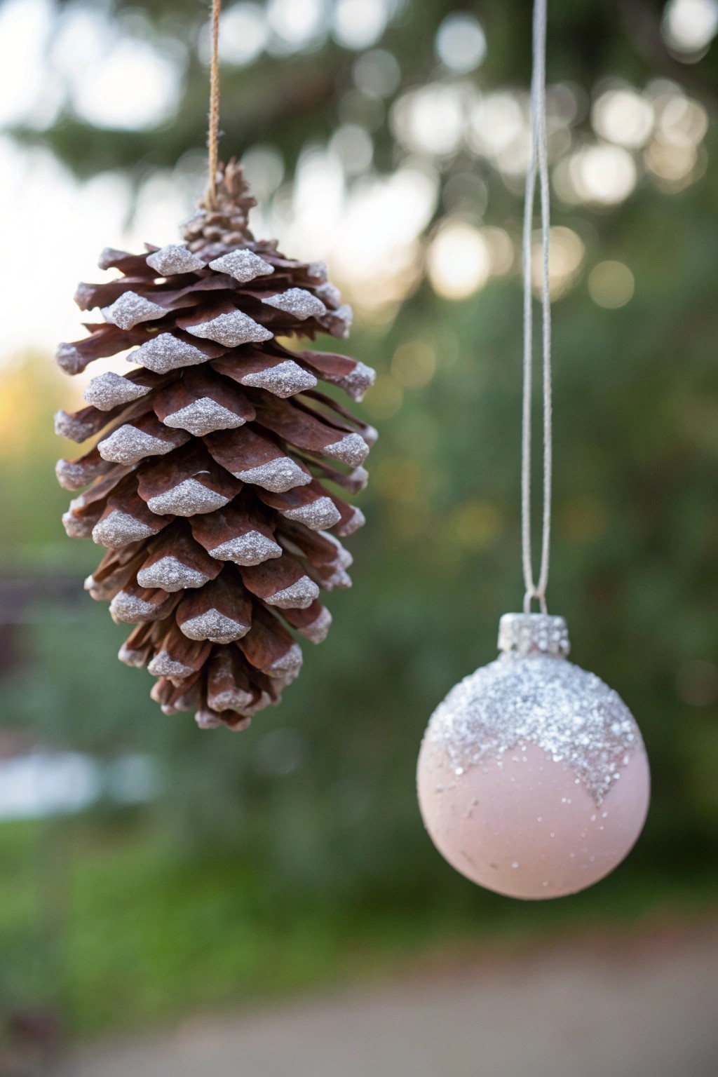 Chic DIY: Painted pine cone and pastel bauble—simple, natural holiday charm.