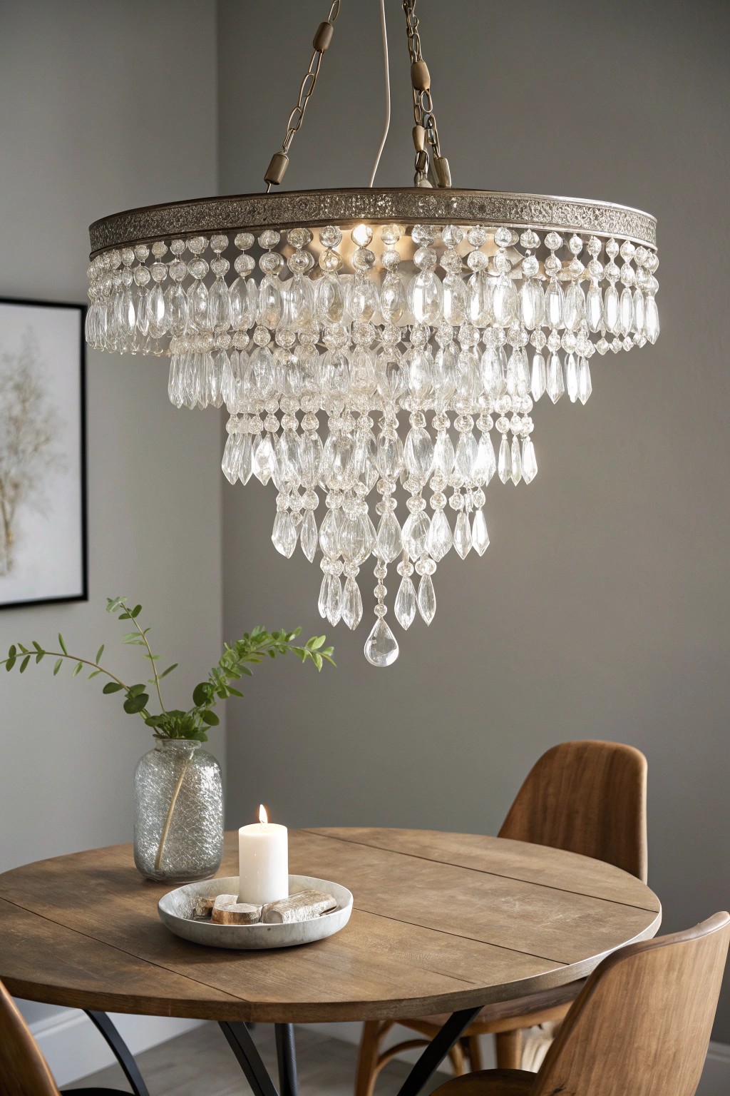 Dine beneath a cascade of crystal elegance—where simplicity meets sparkle.