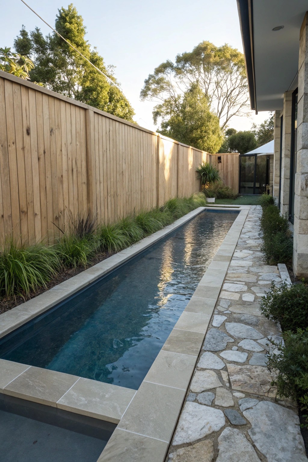 Sleek lap pool—where fitness meets modern garden elegance.