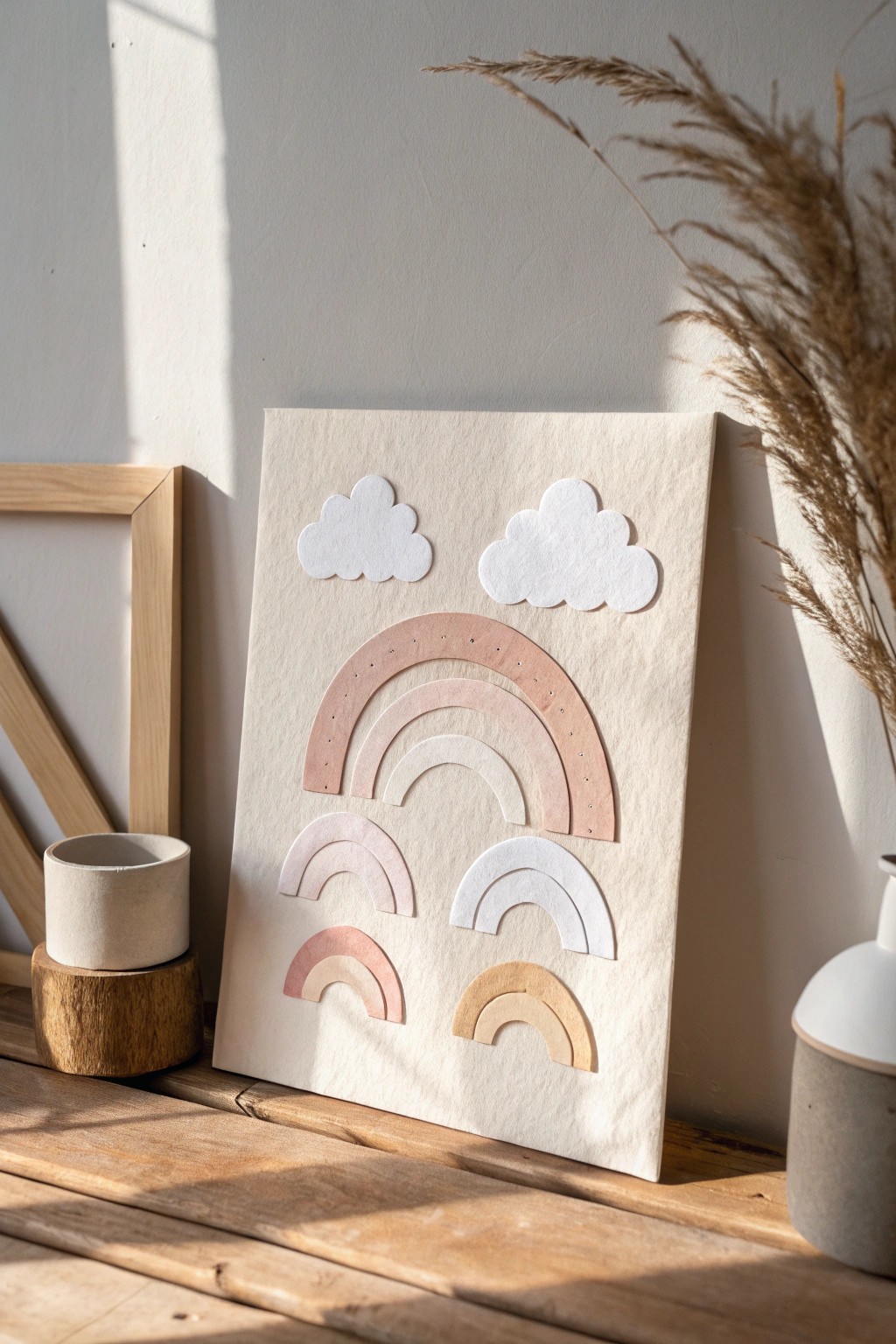 Layered cut-out clouds bring cozy, handcrafted charm to minimalist poster design.