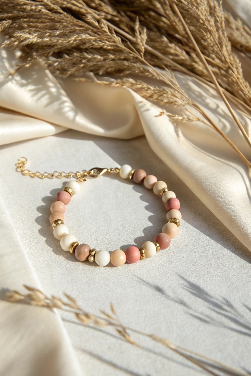 Soft neutrals and gold—elegance meets simplicity in this handcrafted clay bead bracelet.