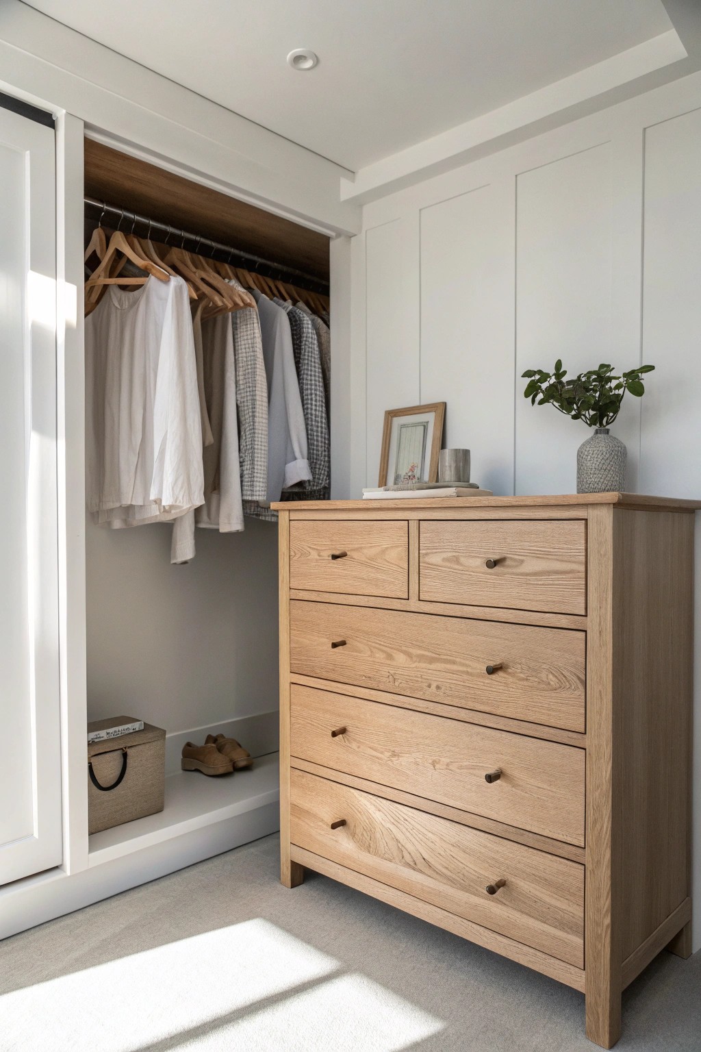 Maximize your space with a dresser tucked elegantly inside your closet.