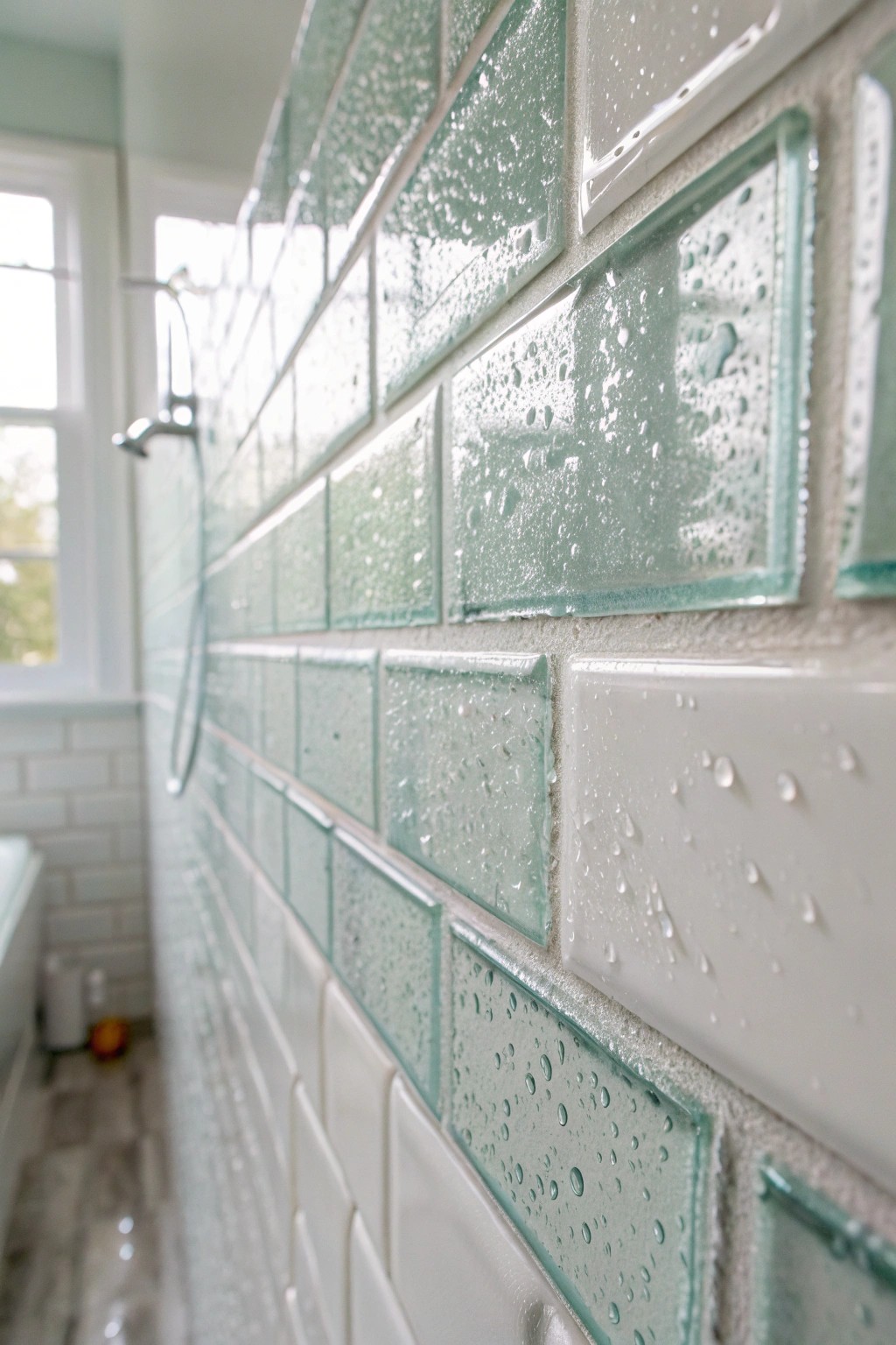 Elevate your shower with the natural beauty and shimmer of a statement glass tile.