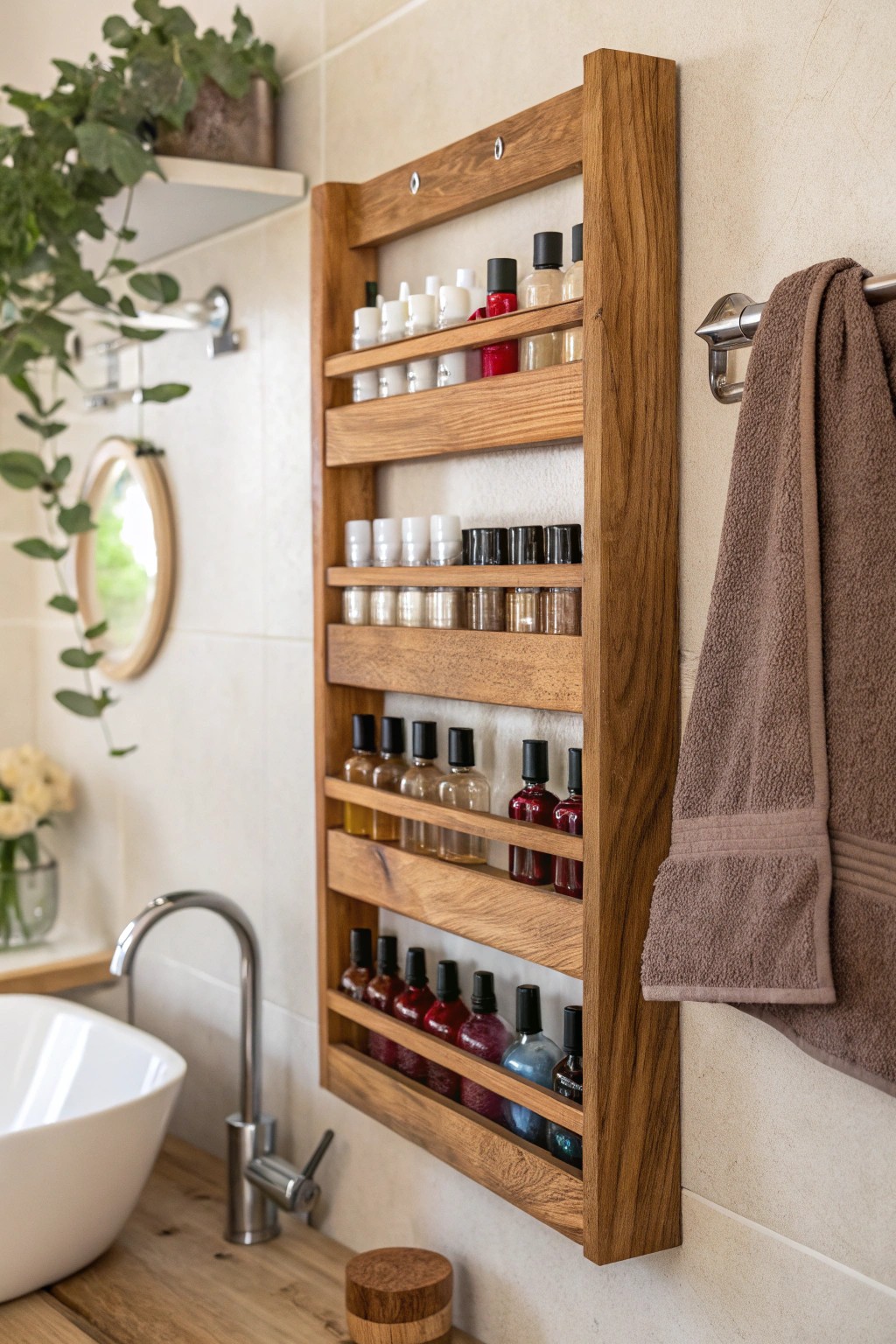 Transform a spice rack into chic bathroom storage for nail polish.