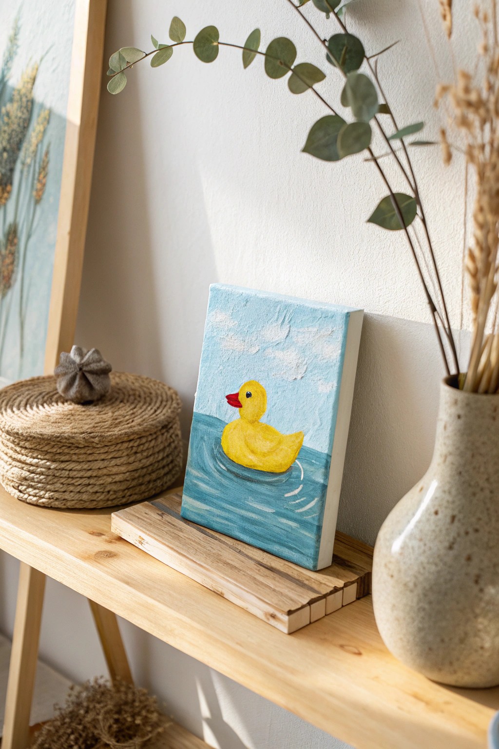 A cheerful rubber duck painting adds a playful pop of color with Scandinavian-inspired charm.