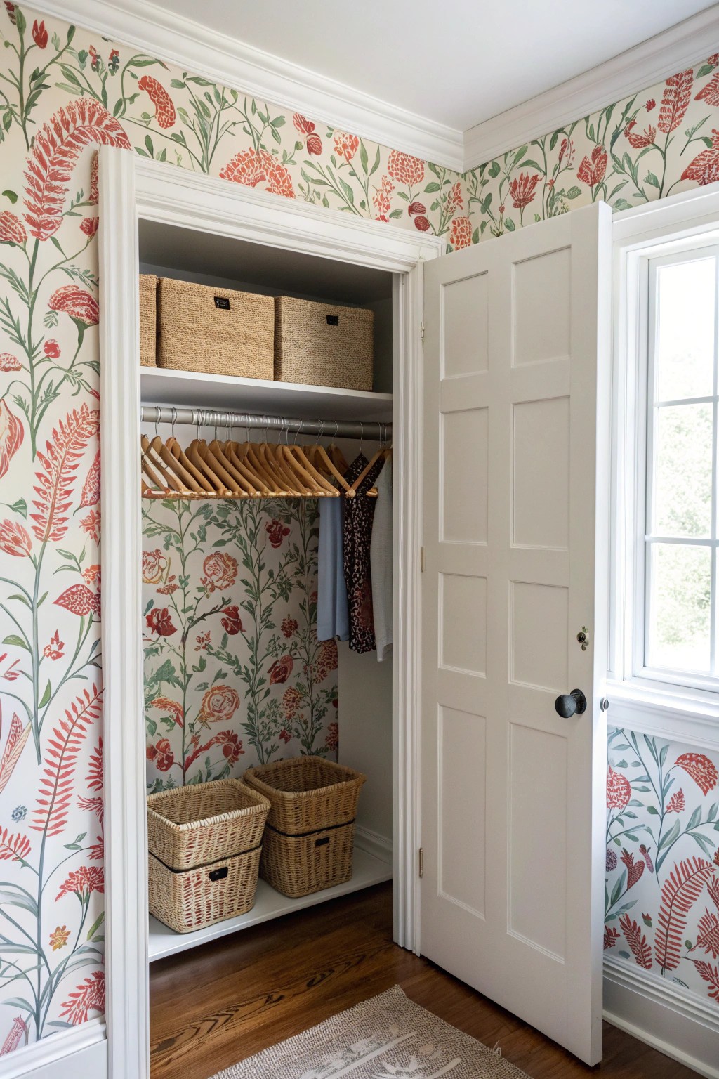 A pop of patterned wallpaper brings joyful style to simple closet organization.