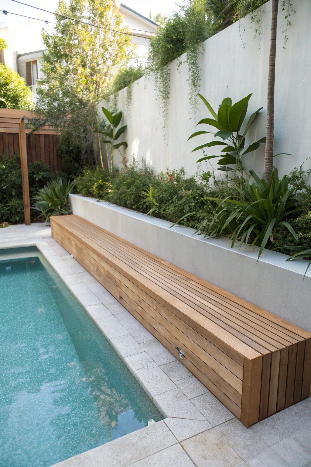 Effortlessly inviting: A built-in wooden bench elevates this small pool with natural beauty and thoughtful design.