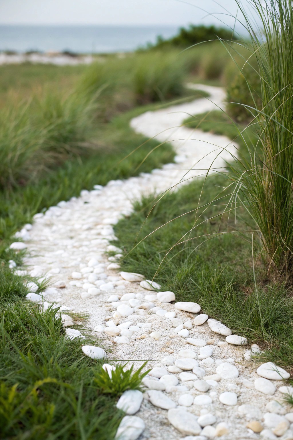 Bring coastal charm home with a luminous crushed shell walkway.