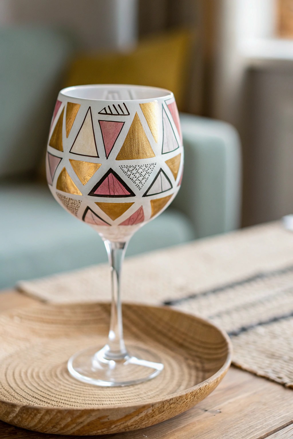 Chic geometric wine glass: Scandinavian minimalism meets bold, hand-painted design.
