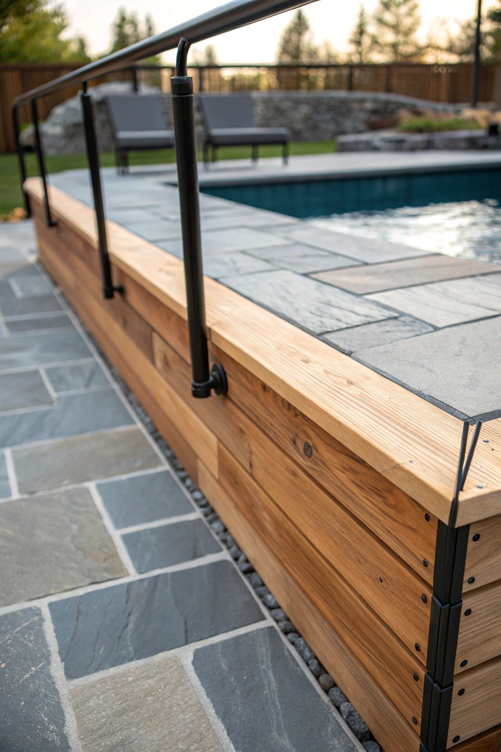 Elevate your poolside with a stunning mix of wood, stone, and metal.