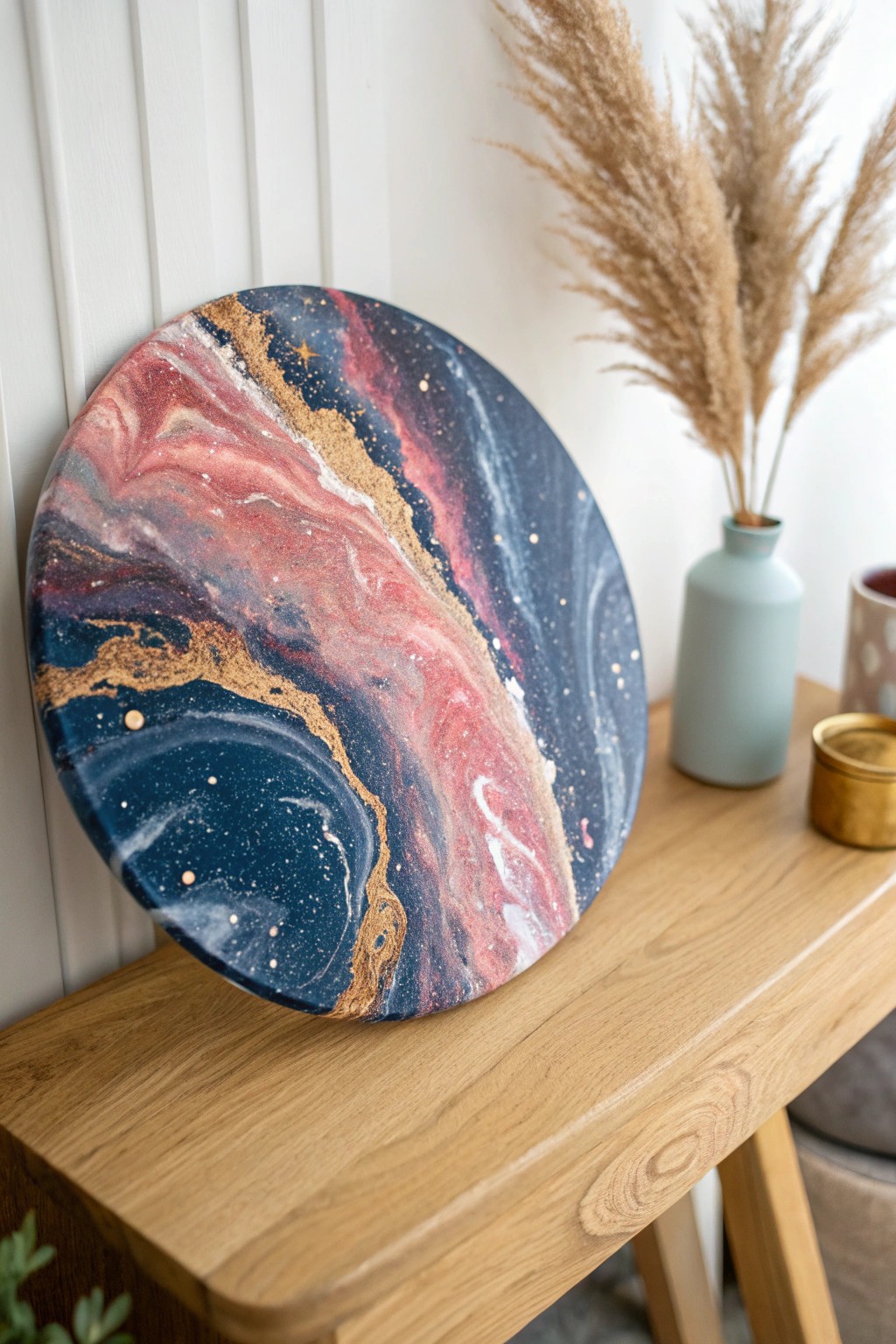 Bold, planetary pour art: a cosmic touch for your minimalist space.