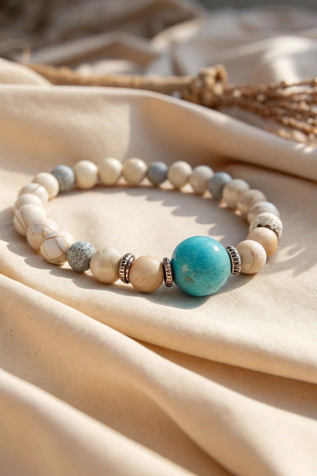 A bold turquoise bead takes center stage in this effortlessly chic, handcrafted bracelet design.
