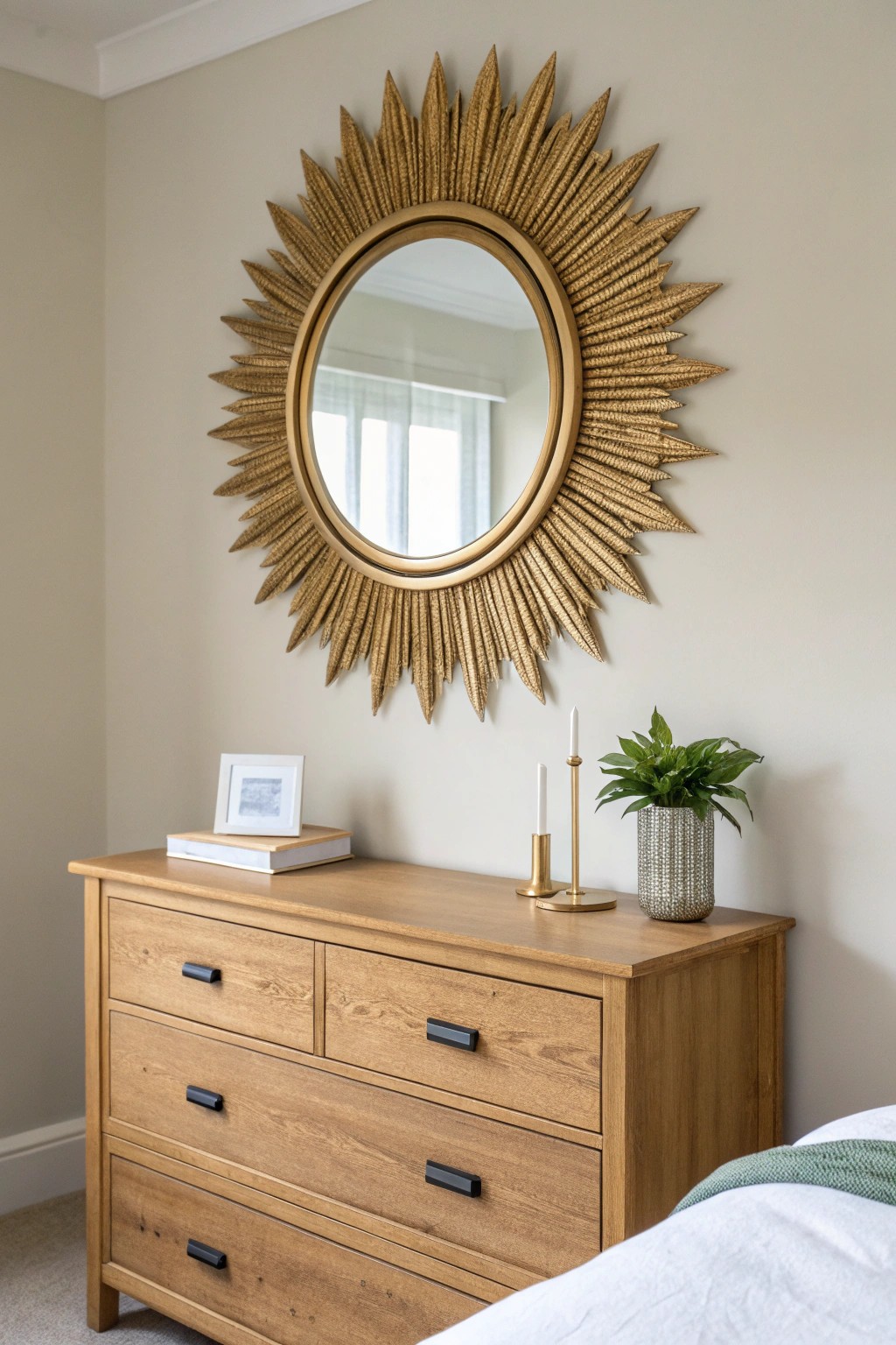 Elevate your bedroom with the timeless charm of a sunburst mirror.