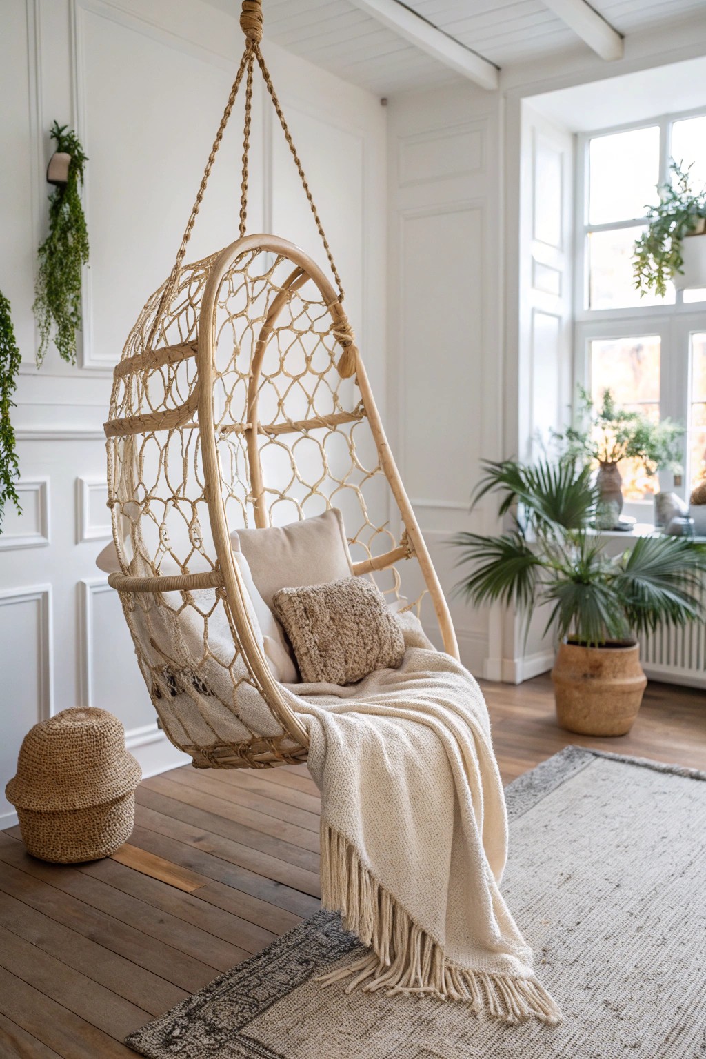 Elevate your boho living room with a stunning hanging chair—where simplicity meets soulful style.