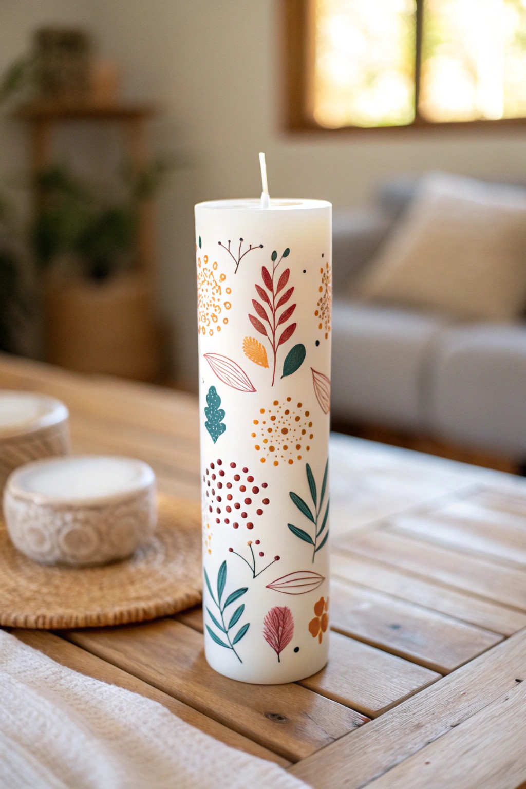 Bring boho charm to your space with playful, hand-painted dots and dashes on a minimalist candle.
