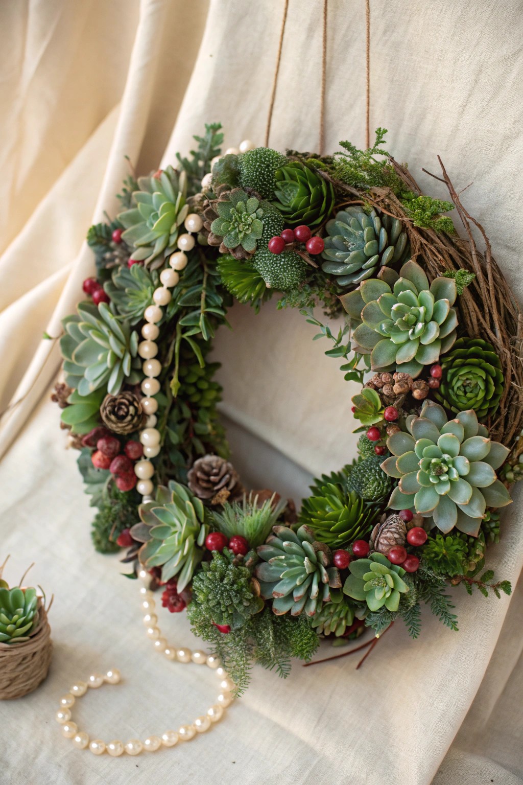 A lush living succulent wreath—nature’s artistry for a simple, stunning holiday.