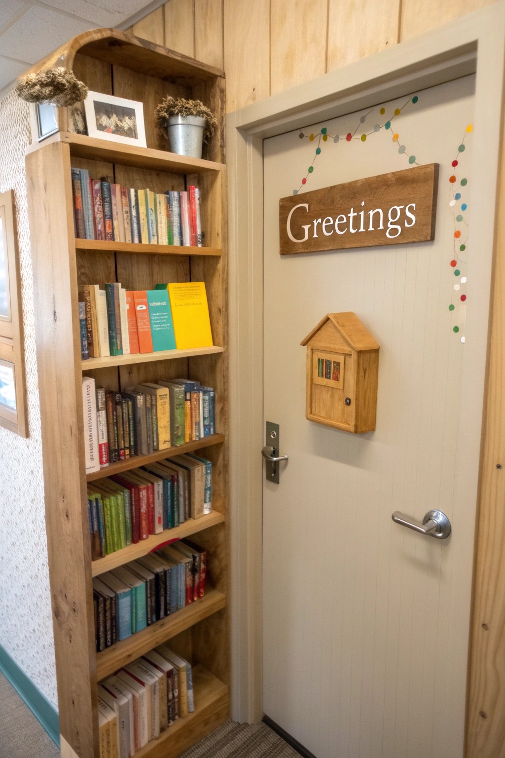A welcoming bookshop-themed classroom door invites curiosity and connection.