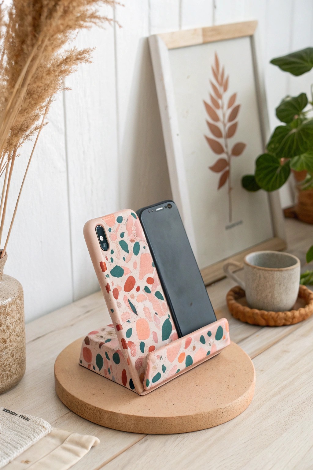 Elevate your space with a handcrafted terrazzo clay phone stand—where function meets artistic flair.