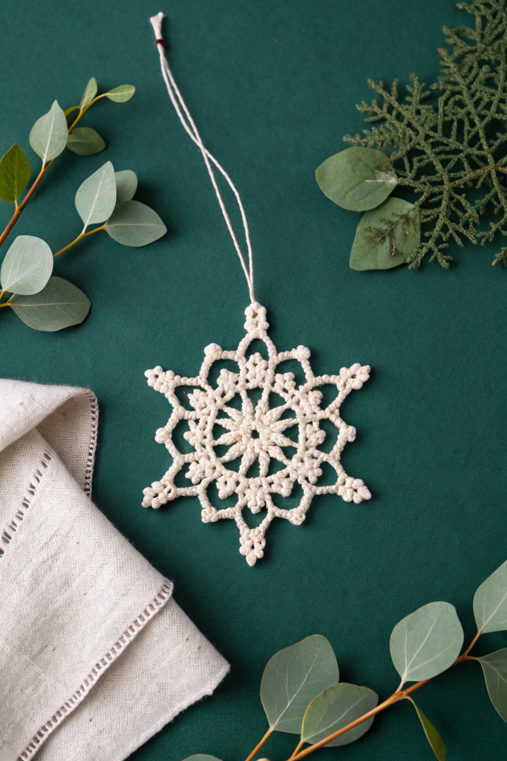 Handmade crochet snowflake: festive charm with Scandinavian simplicity.