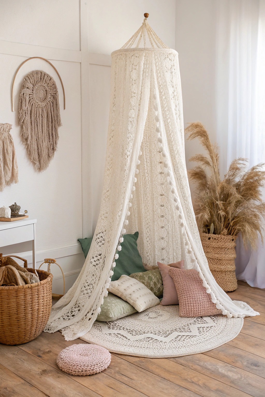 Whimsical crochet canopy: a magical touch for dreamy kids’ spaces.