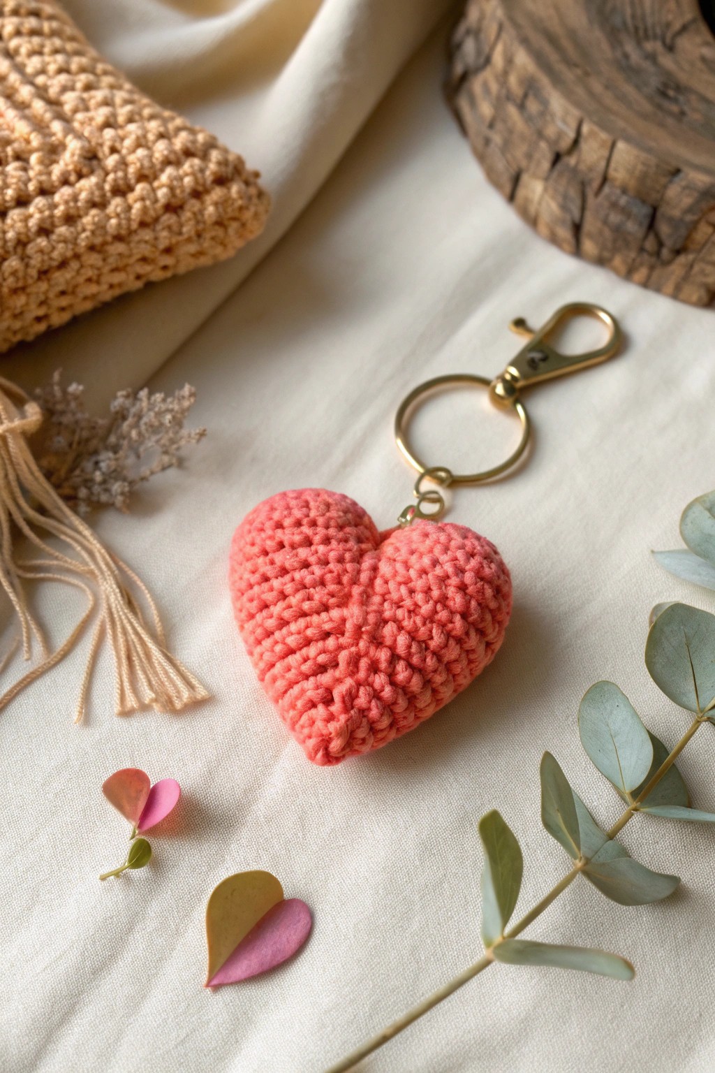 A cozy pop of color: this crochet puffy heart keychain adds handmade charm to your every day.