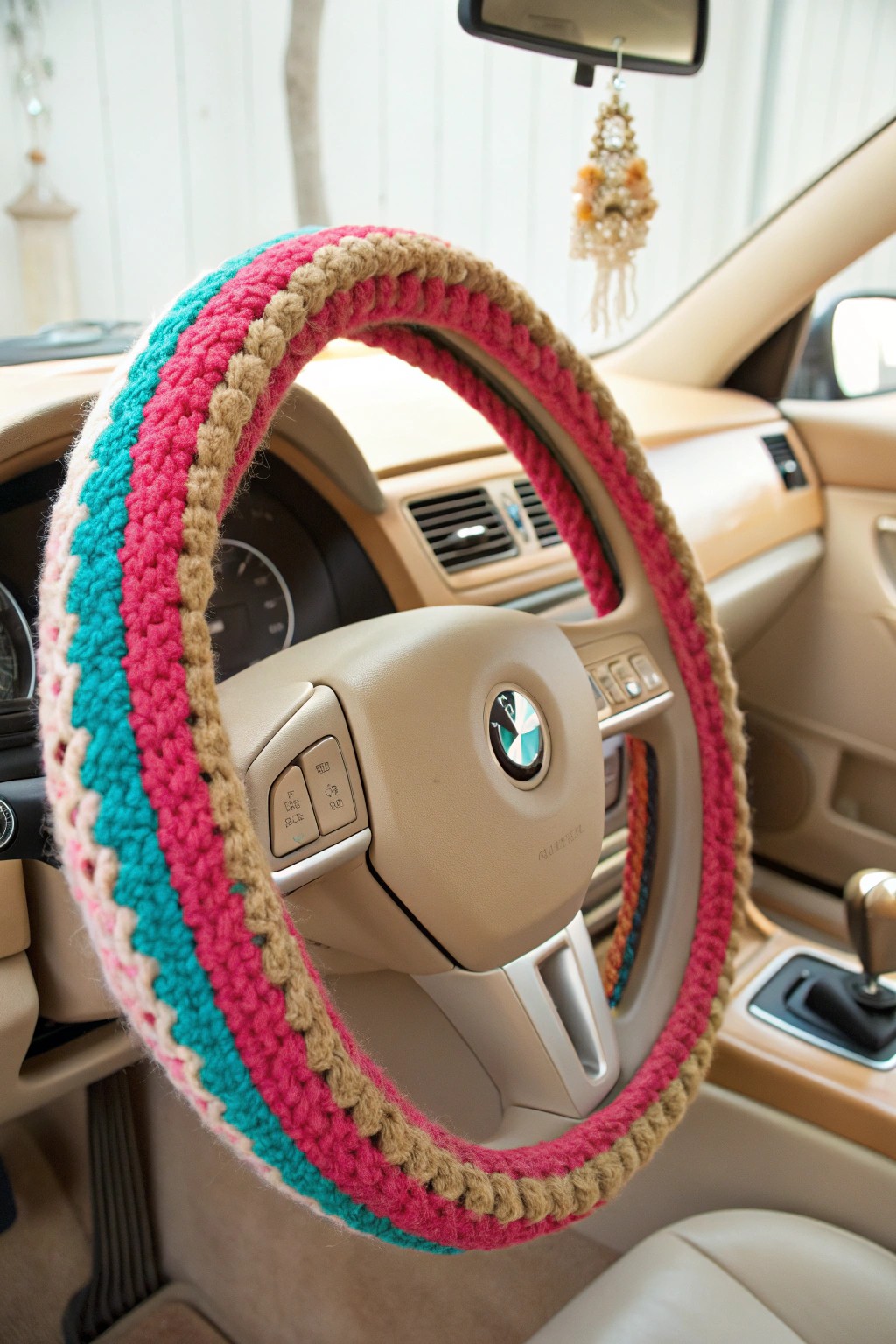 Add joy to every drive with a funky, hand-crocheted steering wheel cover.