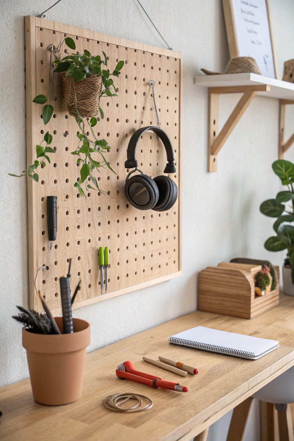 Elevate your desk with a modular pegboard — where function meets natural beauty.