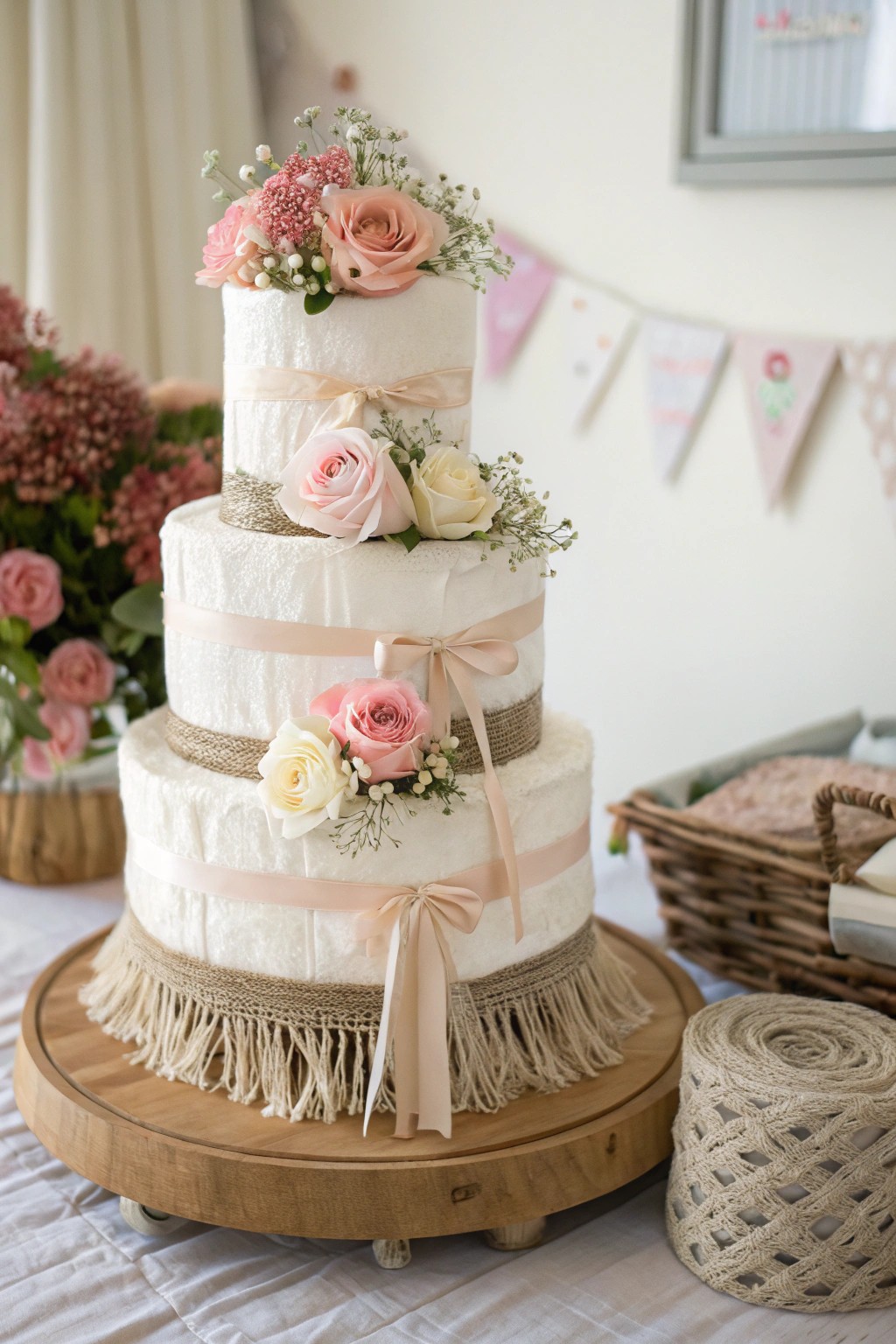 A floral diaper cake masterpiece—where Scandinavian minimalism meets boho charm.