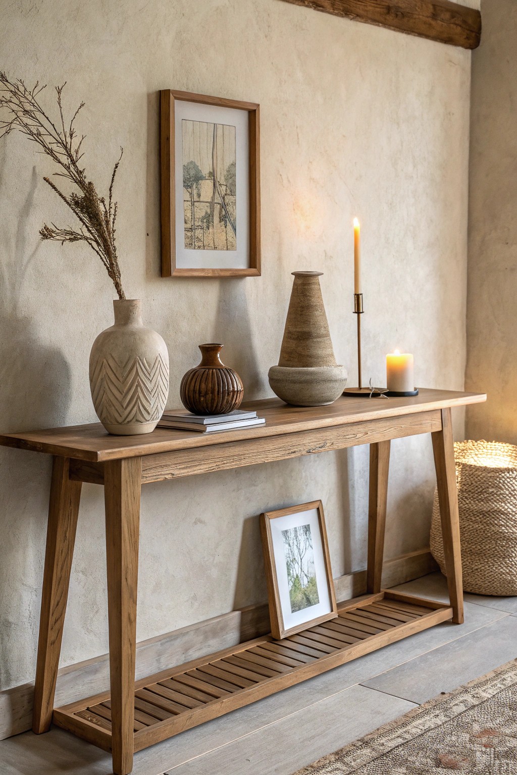 Effortless elegance: Layered console decor for a serene dining space.