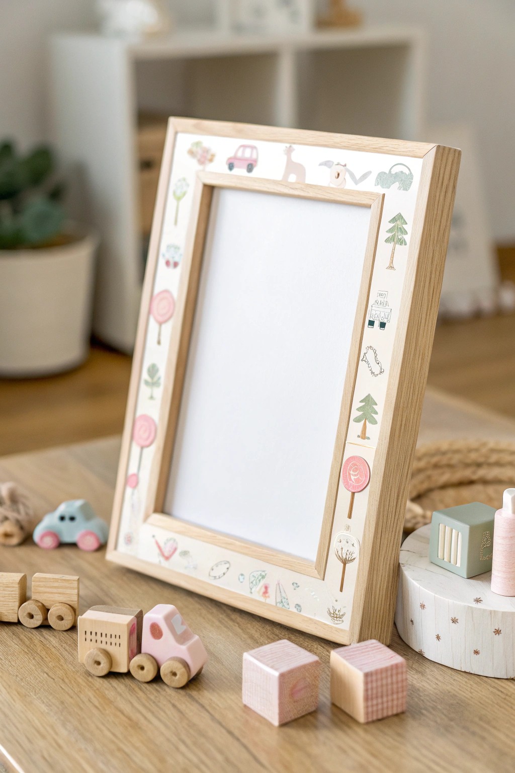 Turn tiny toys into a charming, one-of-a-kind picture frame for playful, Scandinavian-inspired decor.