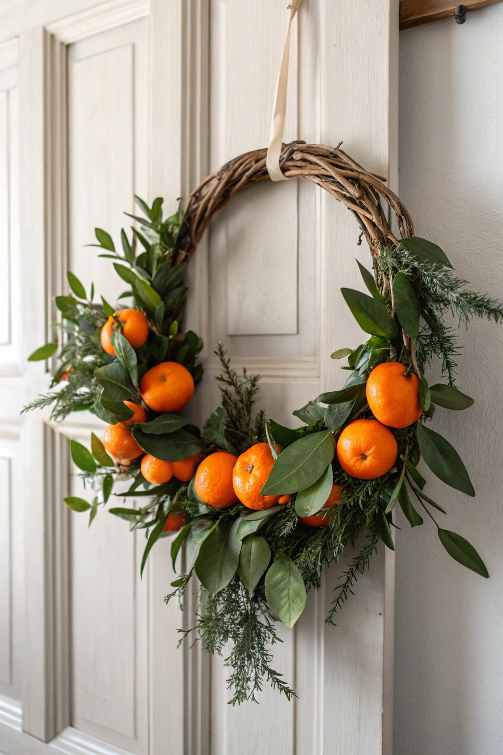 Brighten winter days with a handcrafted mandarin & bay leaf wreath—simple, vibrant, and beautifully natural.