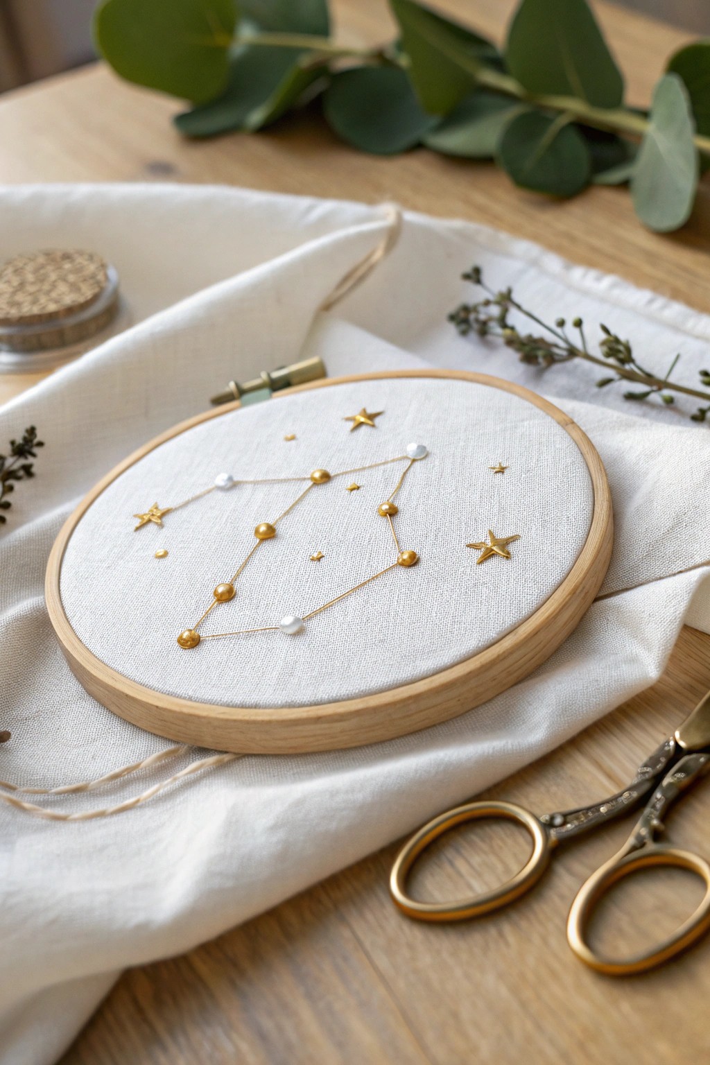 Celestial minimalism: Embroider your zodiac constellation with golden threads and beaded stars.