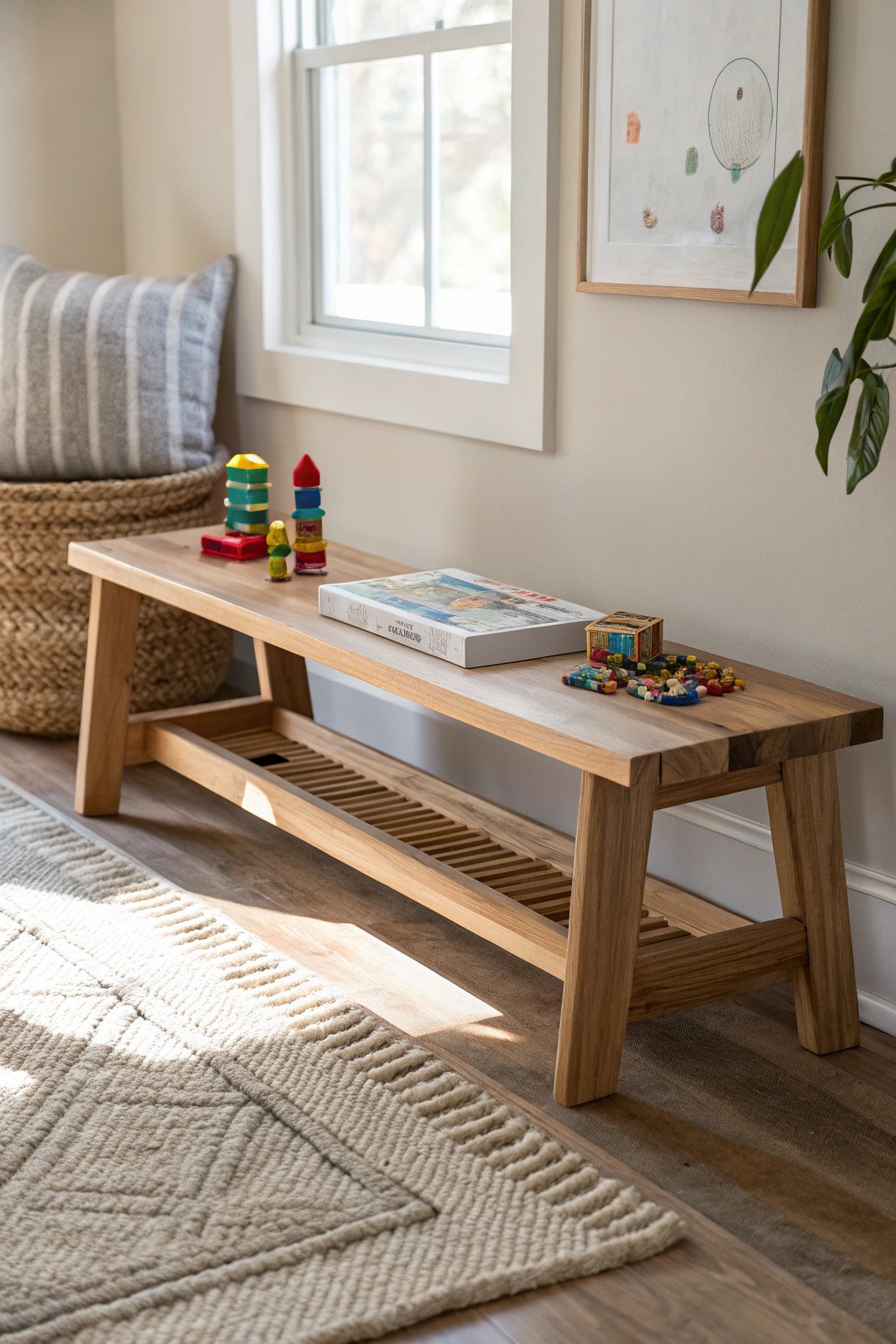Let your kids’ masterpieces shine on a beautiful, handcrafted bench display.