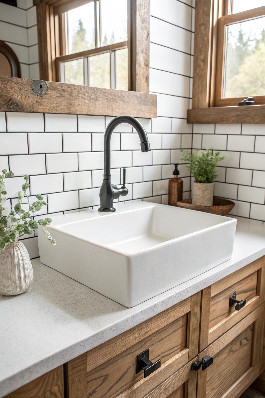 Timeless subway tile backsplash—classic farmhouse charm for your bathroom.