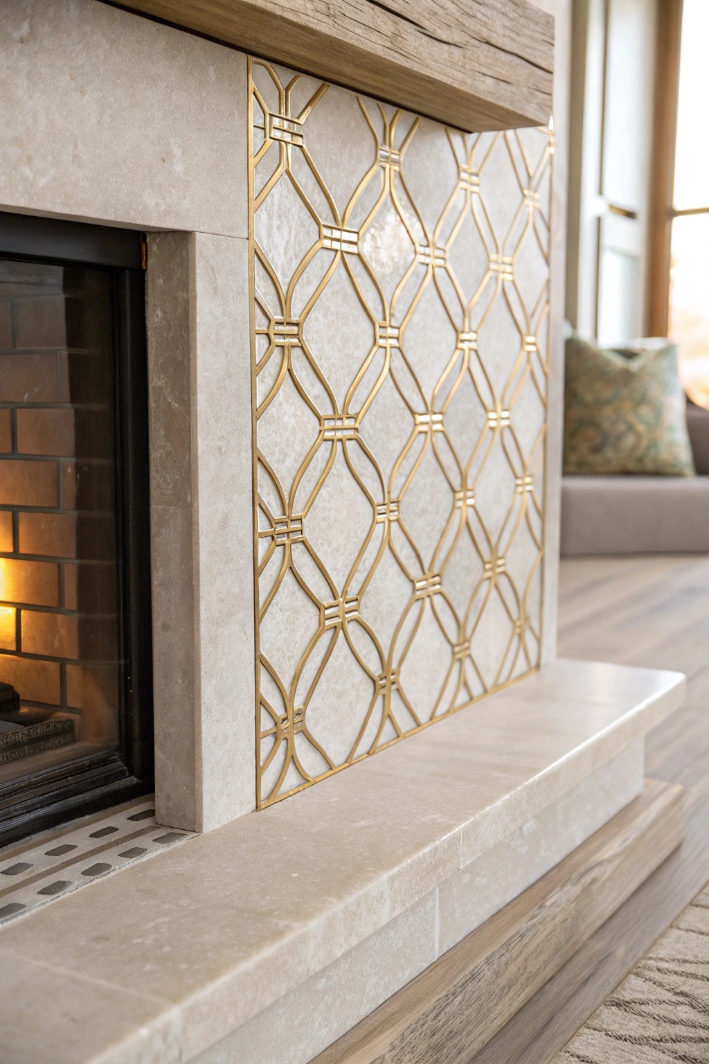 Elevate your hearth with the subtle shimmer of metallic-accented tiles.