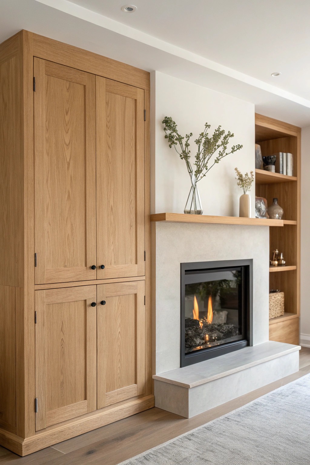 Elevate your fireplace with timeless built-in cabinetry — storage meets style.