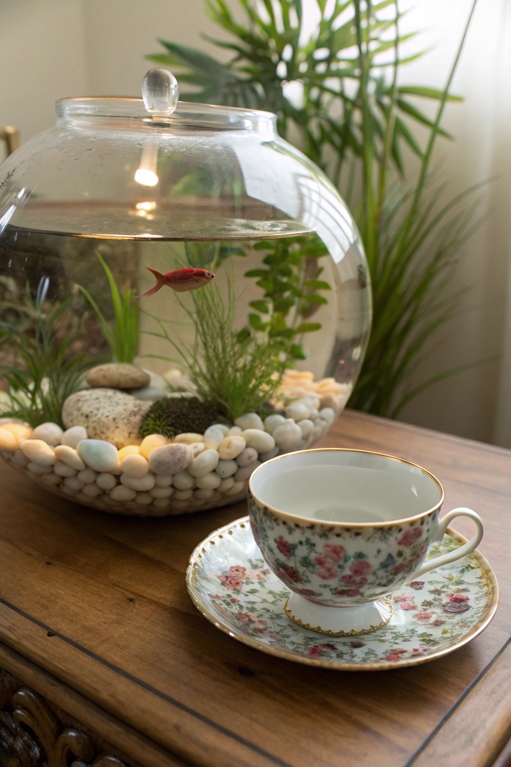 Bring whimsy home with a charming underwater tea party tank.