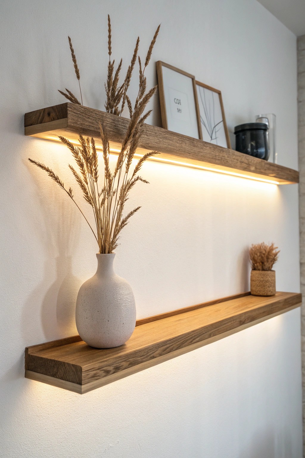 Warmly-lit floating shelf: a simple touch for cozy, gallery-worthy displays.