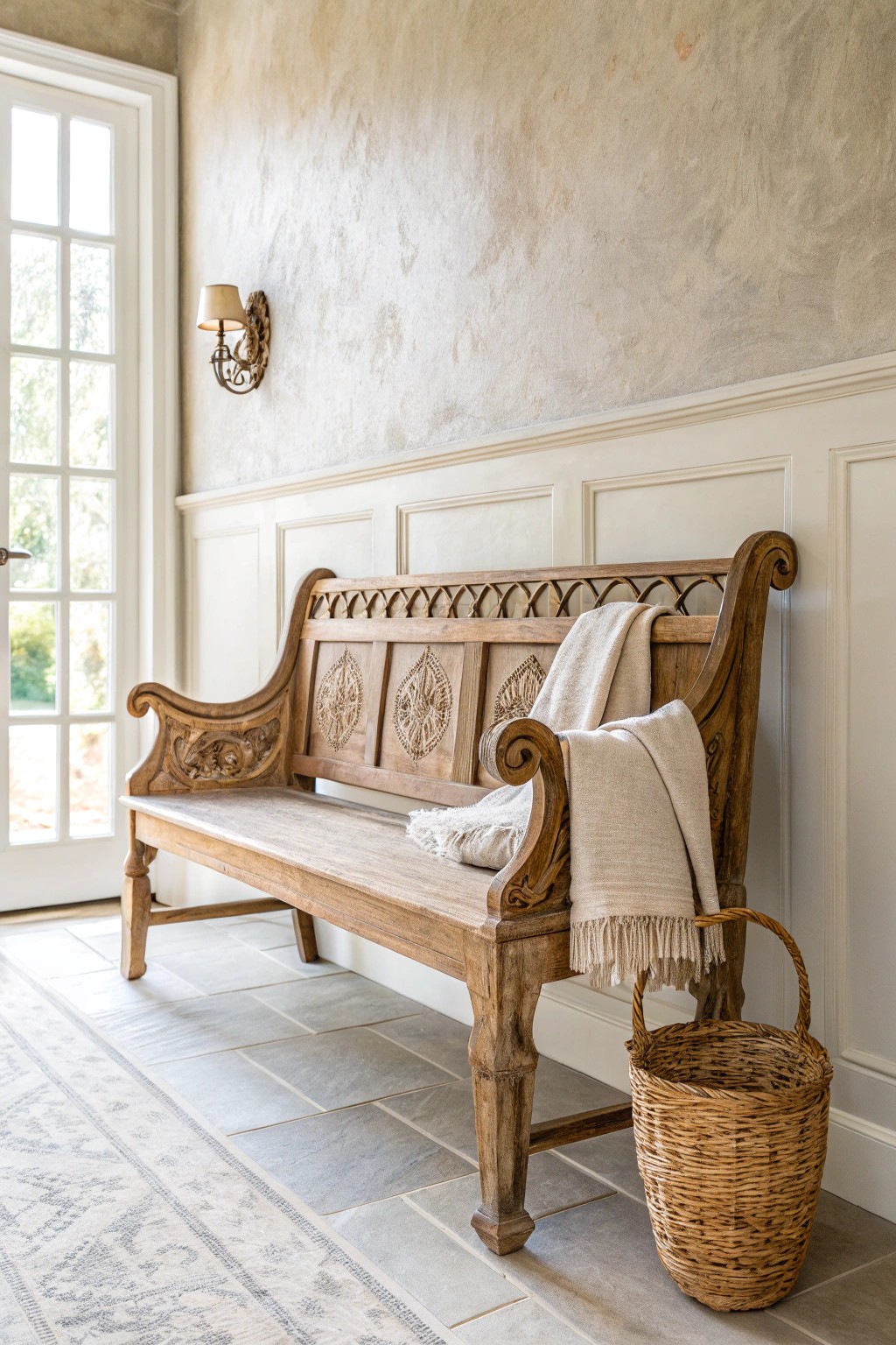 A vintage bench brings instant character and timeless charm to your foyer.