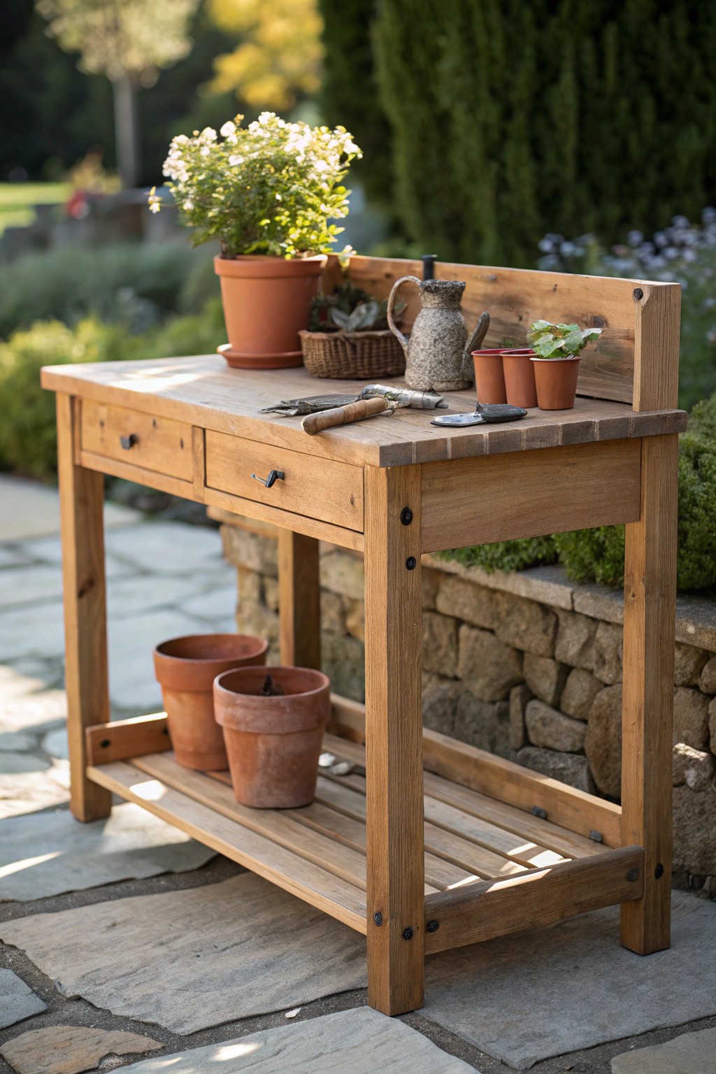 Create a serene garden corner with a handcrafted rustic potting bench.