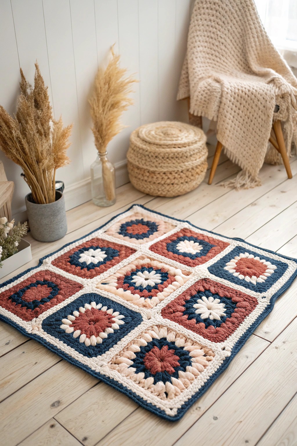 Bold color, cozy texture: a handcrafted granny square rug brings boho-chic warmth to minimalist spaces.