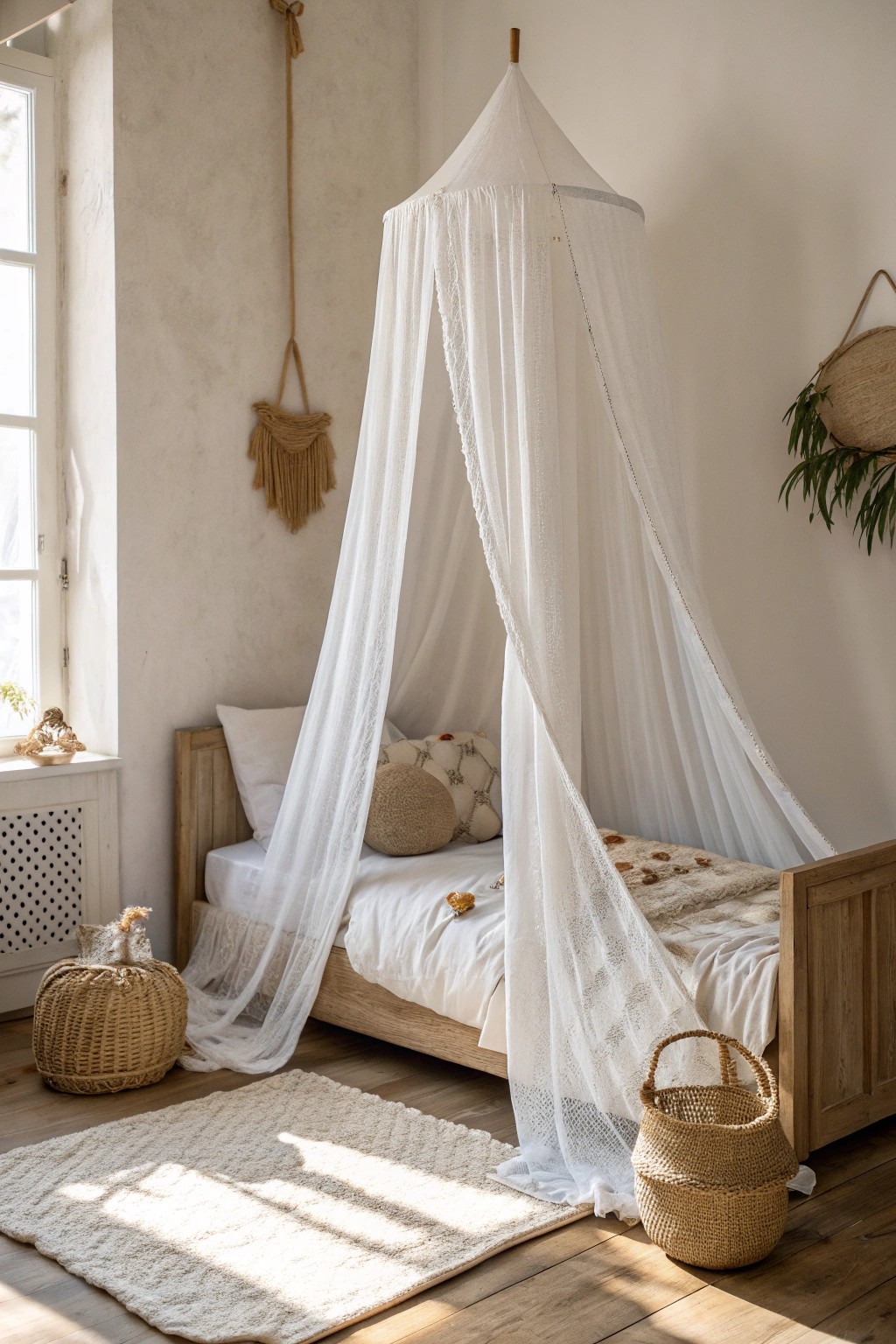 Create a dreamy retreat with a simple, airy canopy bed—where imagination and coziness meet.