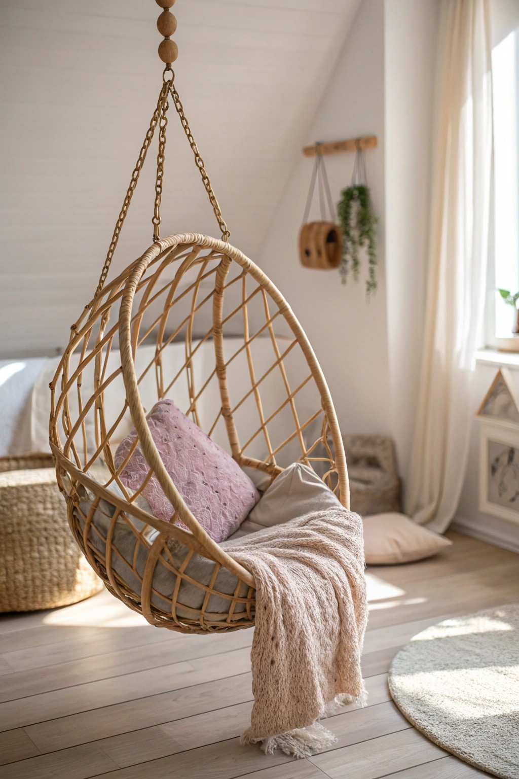 A dreamy rattan hanging chair—perfect for little daydreamers.
