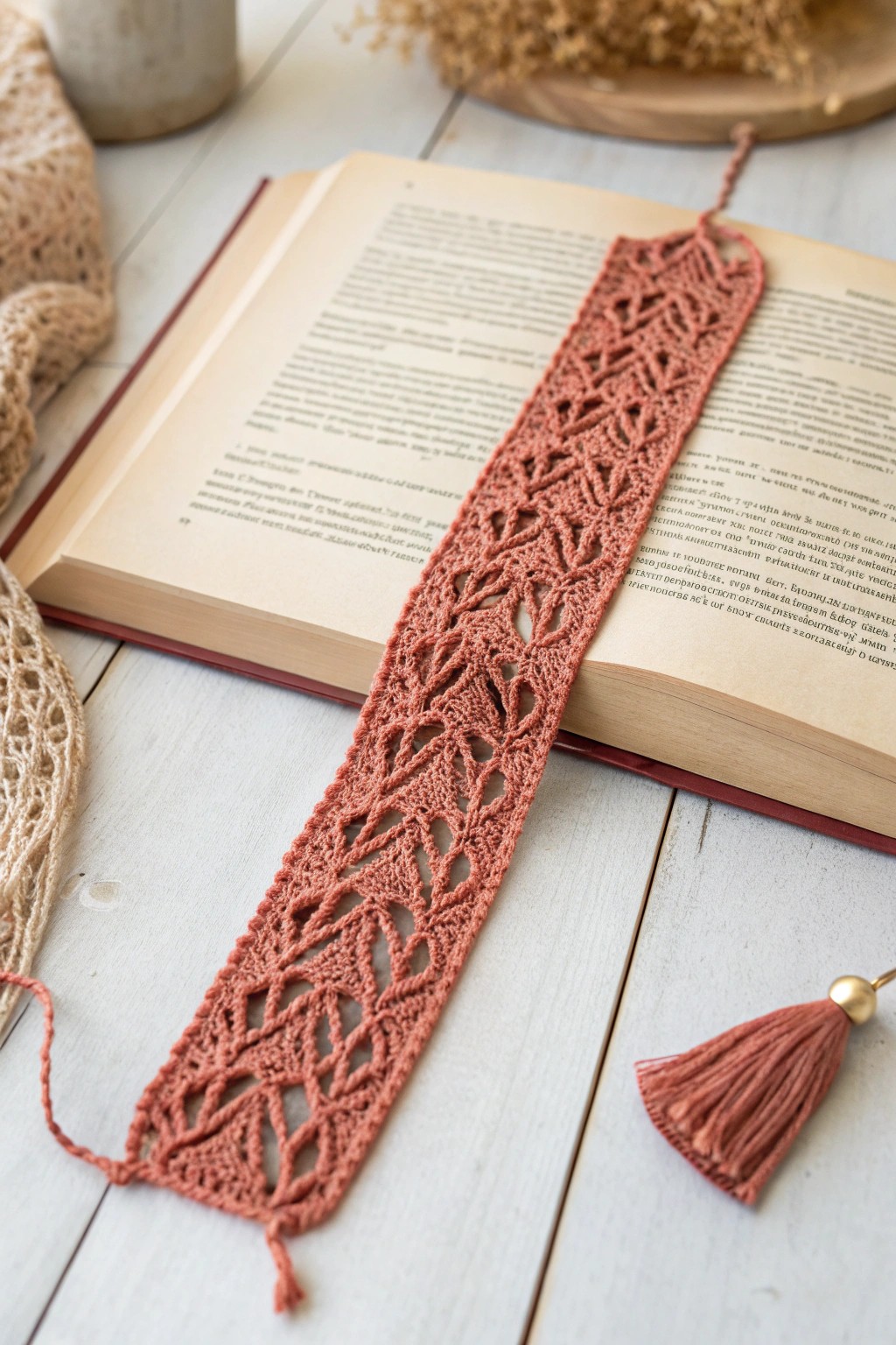 Elevate your reading ritual with a handmade lace-knit bookmark in bold terracotta.